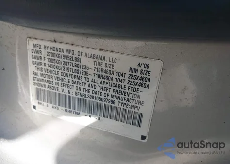 2006 Honda Odyssey Touring from USA, damaged, VIN 5FNRL38816B097956